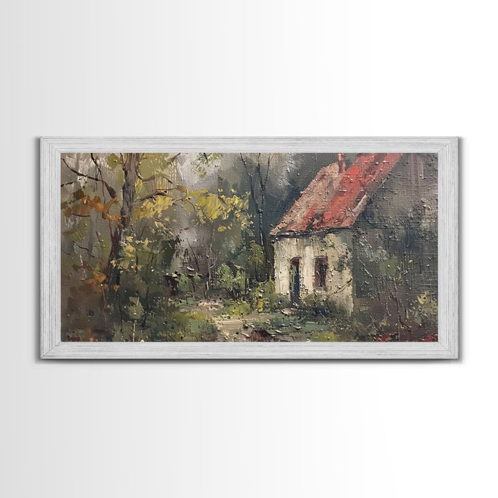 Rustic Cottage in Autumn Forest, Framed Canvas Print, Farmhouse Style, Living Room Art, Bedroom Decor, Nature Wall Art