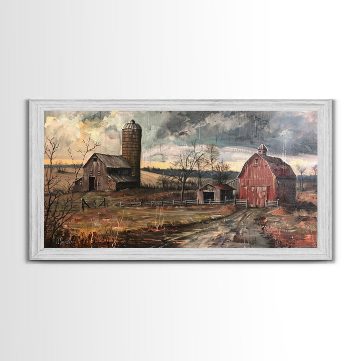 Vintage Farm Scene with Silos, Framed Canvas Print, Rustic Wall Art, Living Room Decor, Farmhouse Style, Country Home Art