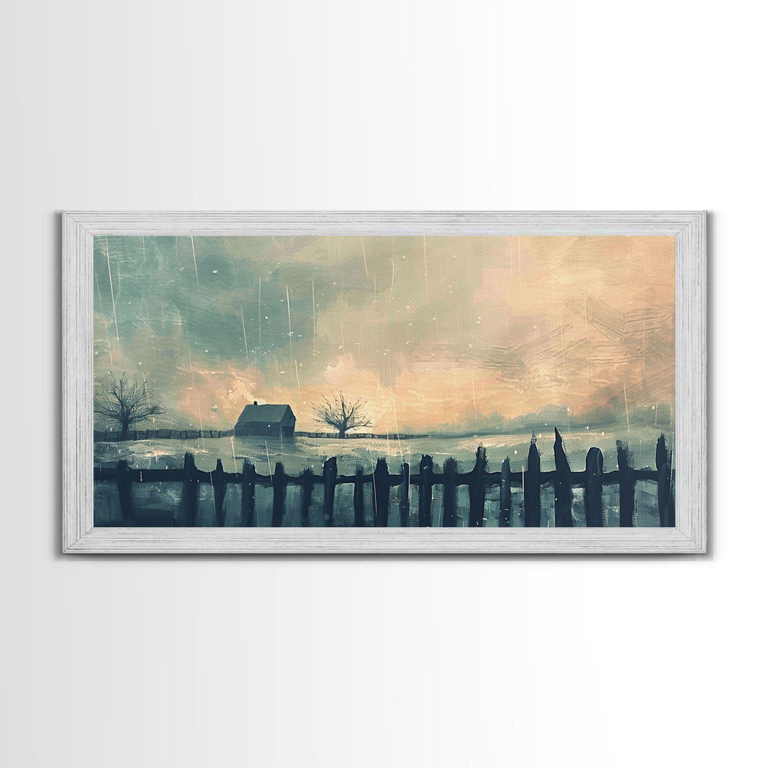 Winter Farmhouse in Snowy Landscape, Framed Canvas Print, Minimalist Wall Art, Living Room Art, Bedroom Decor, Winter Scene