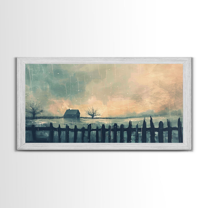 Winter Farmhouse in Snowy Landscape, Framed Canvas Print, Minimalist Wall Art, Living Room Art, Bedroom Decor, Winter Scene