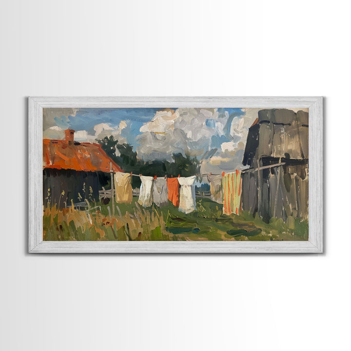 Clothesline with Rustic Farmhouse, Framed Canvas Print, Farmhouse Style, Living Room Art, Country Decor, Vintage Scene