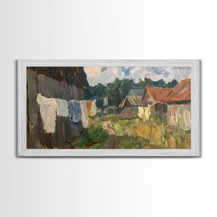 Rustic Farmyard with Laundry, Framed Canvas Print, Farmhouse Wall Art, Living Room Decor, Country Style, Outdoor Scene