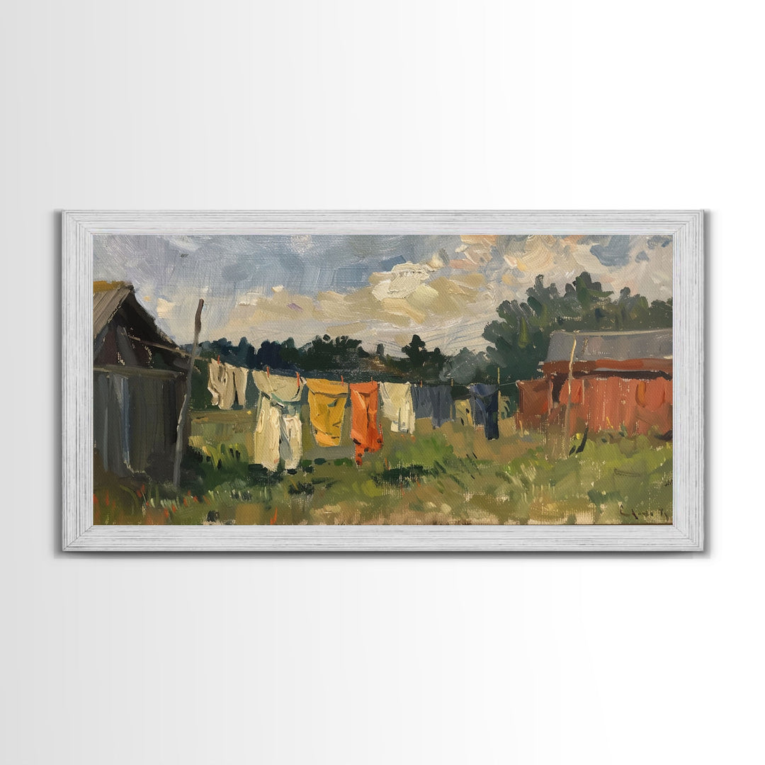 Sunny Day on the Farm with Clothesline, Framed Canvas Print, Rustic Wall Art, Living Room Decor, Farmhouse Style, Country Scene