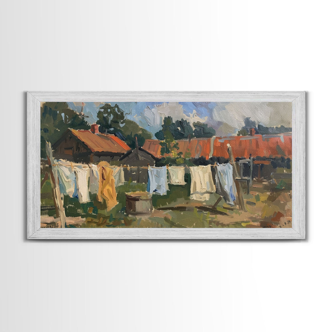 Rustic Homestead with Clothesline, Framed Canvas Print, Farmhouse Style, Living Room Art, Country Decor, Vintage Scene