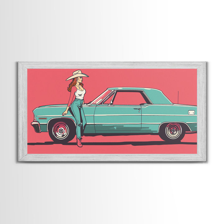 Cowgirl Leaning Against Classic Car in Pop Art Style, Vibrant Framed Canvas Print for Bedroom, Perfect Living Room Wall Art