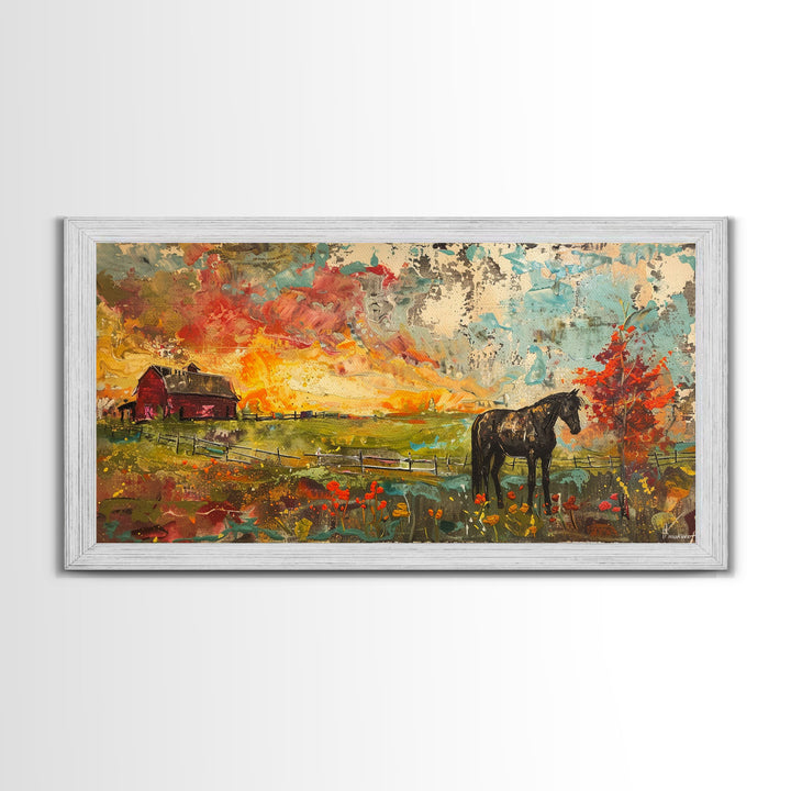 Horse and Red Barn in Colorful Field, Beautiful Farmhouse Art, Framed Canvas Print, Rustic Living Room Decor, Vibrant Wall Art
