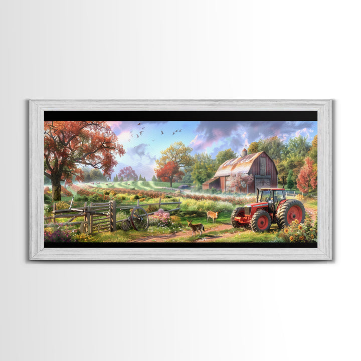 Tranquil Farm Scene with Red Barn and Tractor, Idyllic Rural Art, Framed Canvas Print, Country Wall Decor, Living Room Decoration