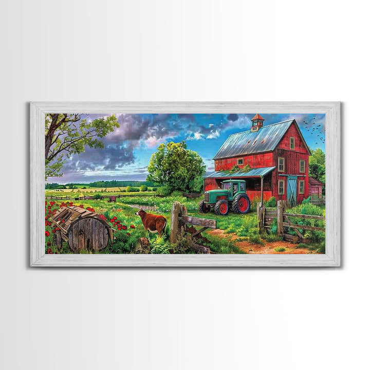 Rustic Barn with Green Tractor in Field, Stunning Country Art, Framed Canvas Print, Farmhouse Wall Decor, Living Room Decoration