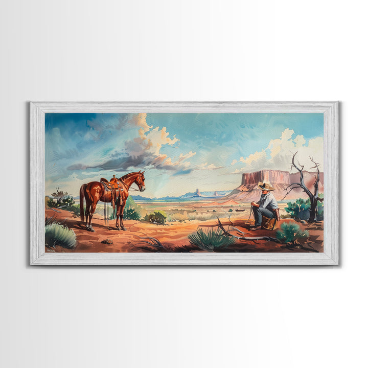 Vibrant Desert Sunset with Cactus, Abstract Desert Sunset Art, Framed Canvas Print, Southwestern Living Room Wall Art, Boho Decor