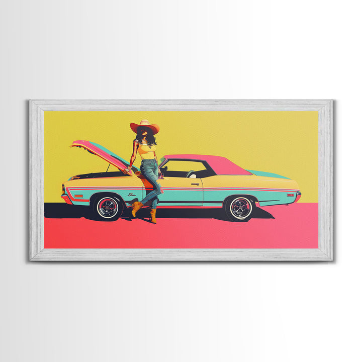 Colorful Pop Art Cowgirl with Classic Car, Framed Canvas Print for Living Room, Bright Bedroom Wall Art, Unique Home Decor
