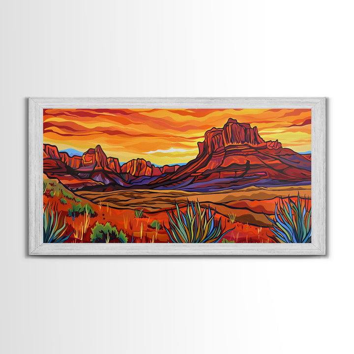 Colorful Desert Sunset with Saguaro Cacti, Framed Canvas Print for Living Room Art, Ideal for Southwestern and Boho Decor