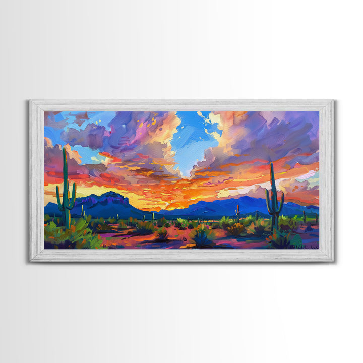 Stunning Desert Sunset with Cacti Silhouettes, Framed Canvas Print for Bedroom Art, Great for Boho and Southwestern Decor
