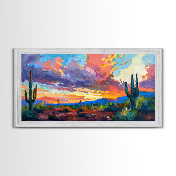 Radiant Desert Pathway with Sunset Glow, Framed Canvas Print for Living Room Art, Perfect for Boho and Southwestern Decor