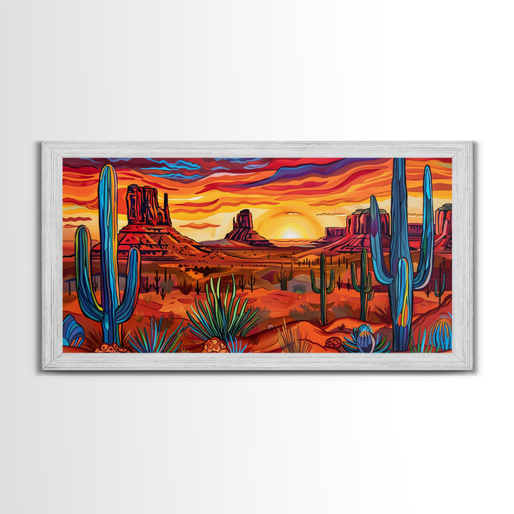 Colorful Desert Evening with Cacti and Mountains, Framed Canvas Print for Bedroom Art, Great for Boho and Southwestern Decor