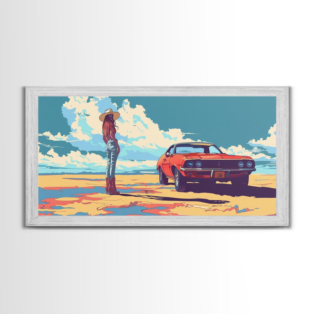 Stylized Cowgirl with Red Car in Vast Desert, Framed Canvas Print for Bedroom, Ideal Living Room Art, Retro Wall Decor
