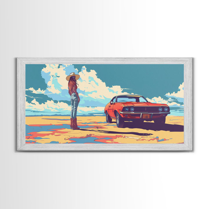 Stylized Cowgirl with Red Car in Vast Desert, Framed Canvas Print for Bedroom, Ideal Living Room Art, Retro Wall Decor