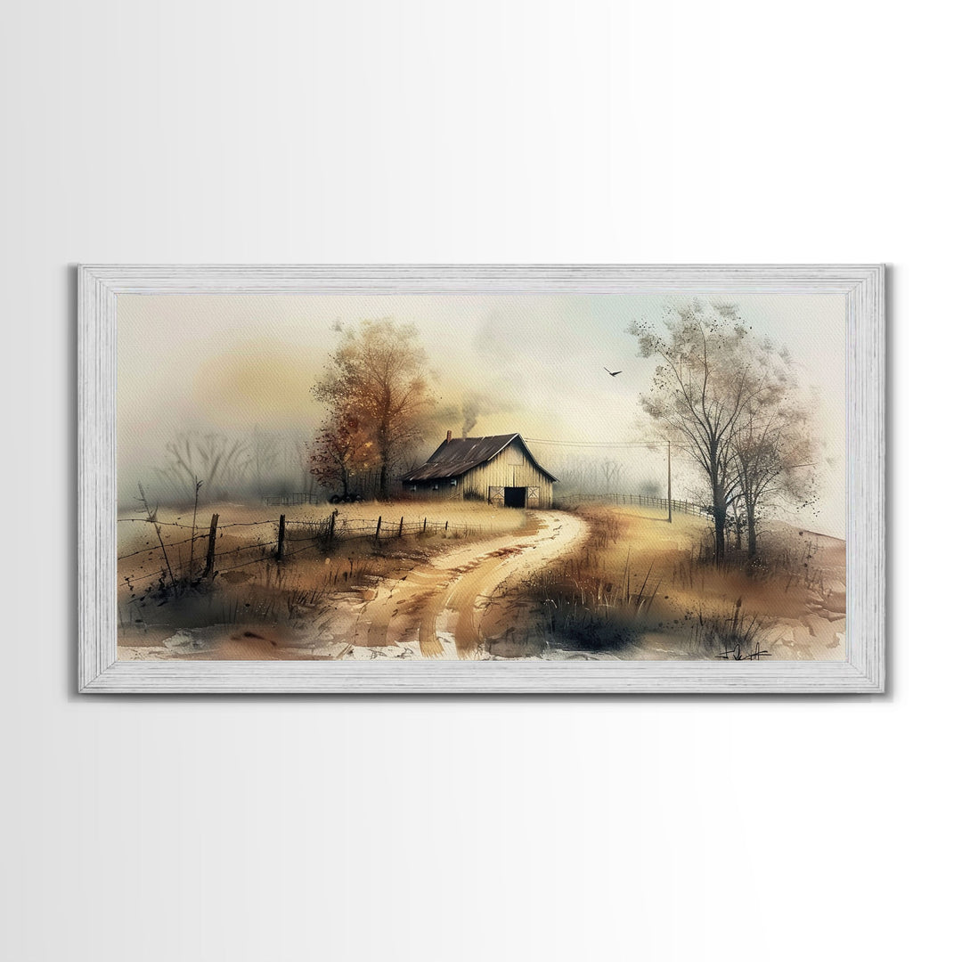 Misty Morning Farmhouse with Winding Path, Beautiful Framed Canvas Print for Bedroom, Boho Wall Art, Countryside Decor
