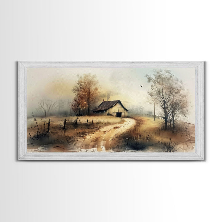 Misty Morning Farmhouse with Winding Path, Beautiful Framed Canvas Print for Bedroom, Boho Wall Art, Countryside Decor