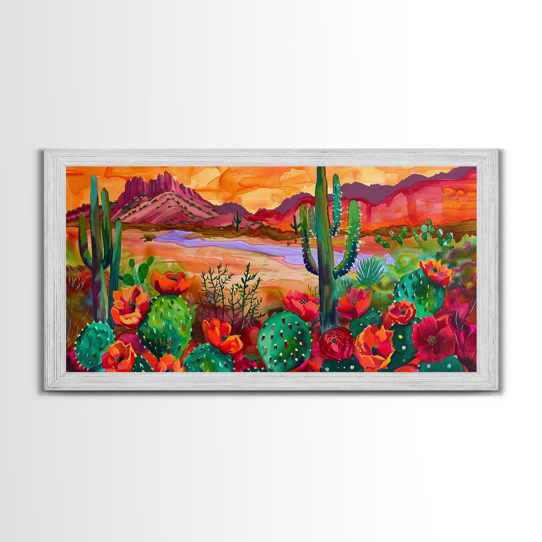 Majestic Cacti and Mountains at Sunset, Captivating Framed Canvas Print for Bedroom, Southwestern Style Wall Art, Nature Scene