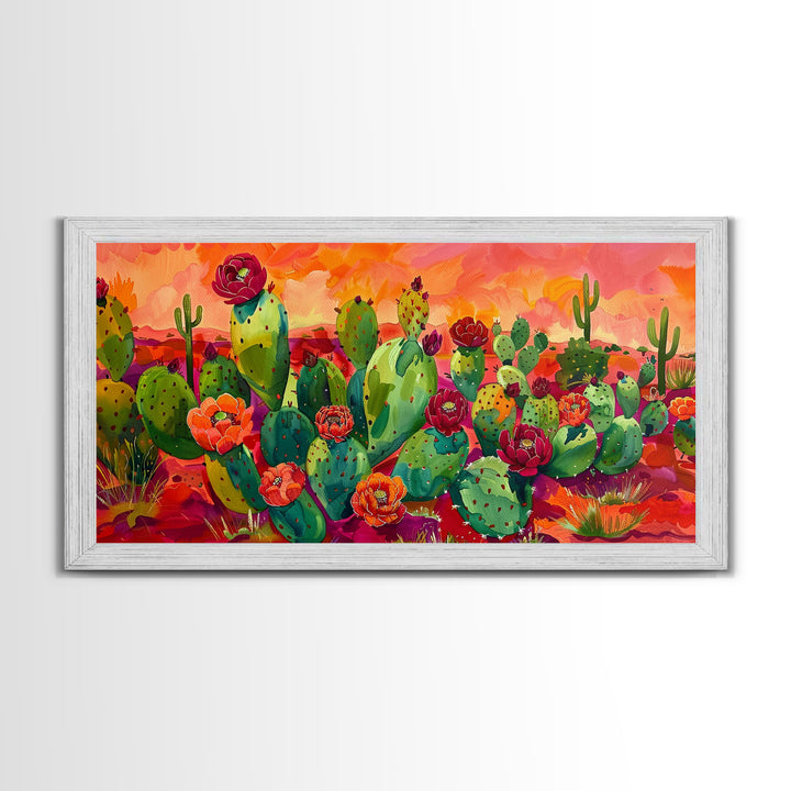 Bright Desert Flowers and Cacti with Mountains, Vibrant Framed Canvas Print for Home, Boho Wall Art, Nature Lover's Decor