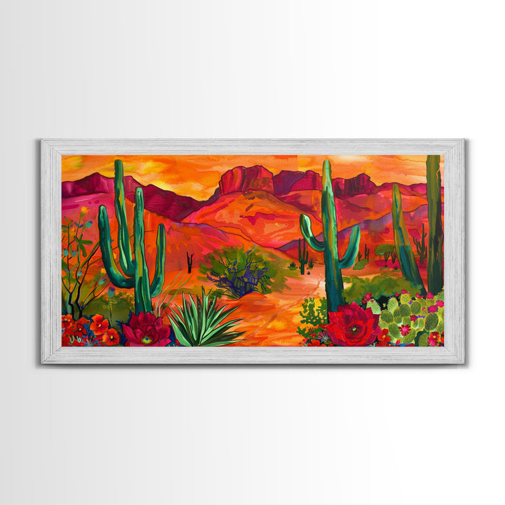 Colorful Desert Landscape with Cacti and Mountains, Stunning Framed Canvas Print for Living Room, Boho Wall Art, Nature Decor