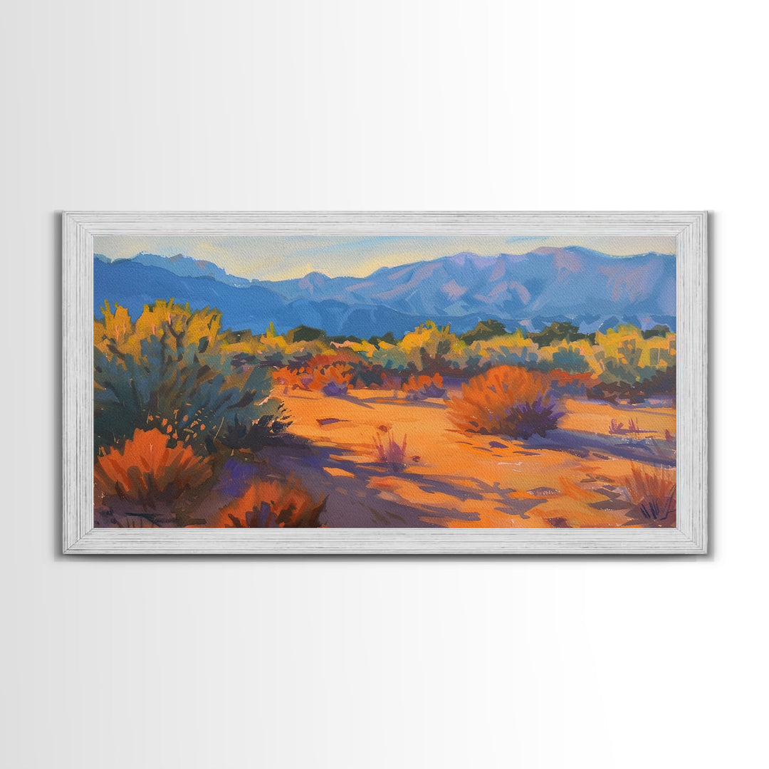 Serene desert landscape with vibrant colors, Framed Canvas Print, perfect for boho living room, southwestern wall art decor