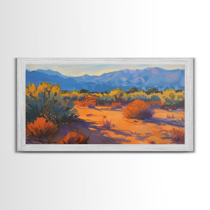 Serene desert landscape with vibrant colors, Framed Canvas Print, perfect for boho living room, southwestern wall art decor
