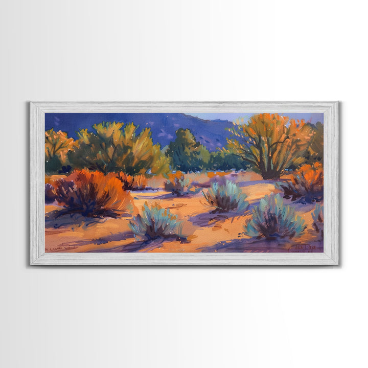 Colorful desert scene with distant mountains, Framed Canvas Print, ideal for minimalist living room, boho wall art decor