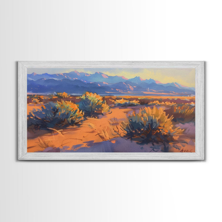 Desert brush and vibrant colors at sunset, Framed Canvas Print, perfect for southwestern living room, bohemian wall decor art