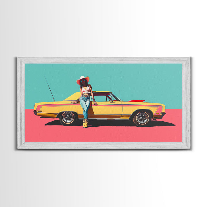 Bold Cowgirl Posing with Yellow Car, Pop Art Framed Canvas Print for Living Room, Ideal Bedroom Wall Art, Unique Home Decor