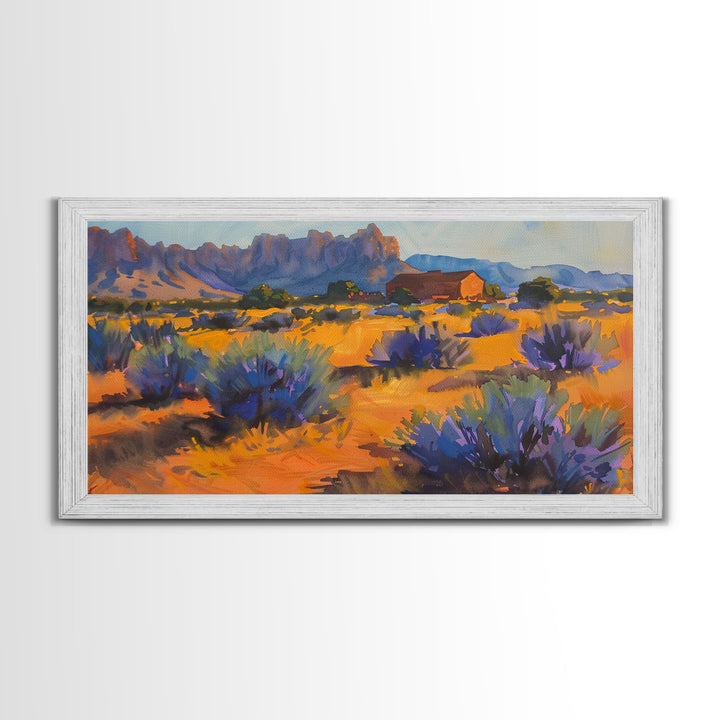 Rustic Barn in Desert Scene, Stunning Wall Art for Bedroom, Framed Canvas Print, Boho Style, Minimalist Home Decoration
