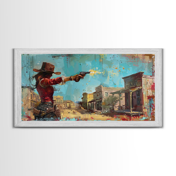 Framed Canvas Print Featuring Western Woman Shooting Revolver in Colorful Town, Ideal for Living Room Wall Art, Bedroom Decor