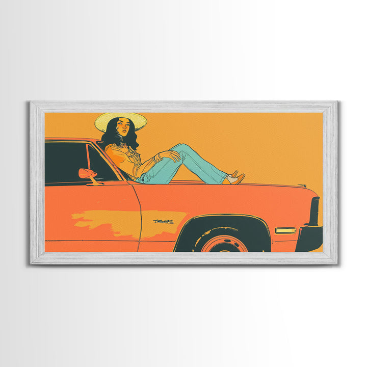 Relaxed Cowgirl Sitting on Car Hood, Retro Framed Canvas Print for Bedroom, Perfect Living Room Art, Vintage Wall Decor
