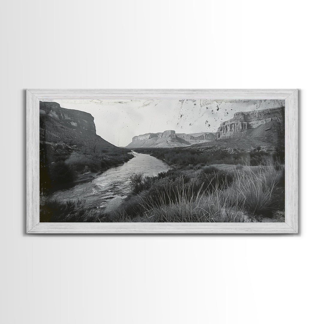 Vintage River Through Canyon, Framed Canvas Print for Rustic Living Room Decor, Ideal Western Wall Art, Bedroom Nature Scene