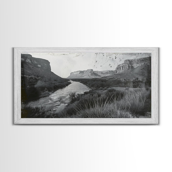 Vintage River Through Canyon, Framed Canvas Print for Rustic Living Room Decor, Ideal Western Wall Art, Bedroom Nature Scene