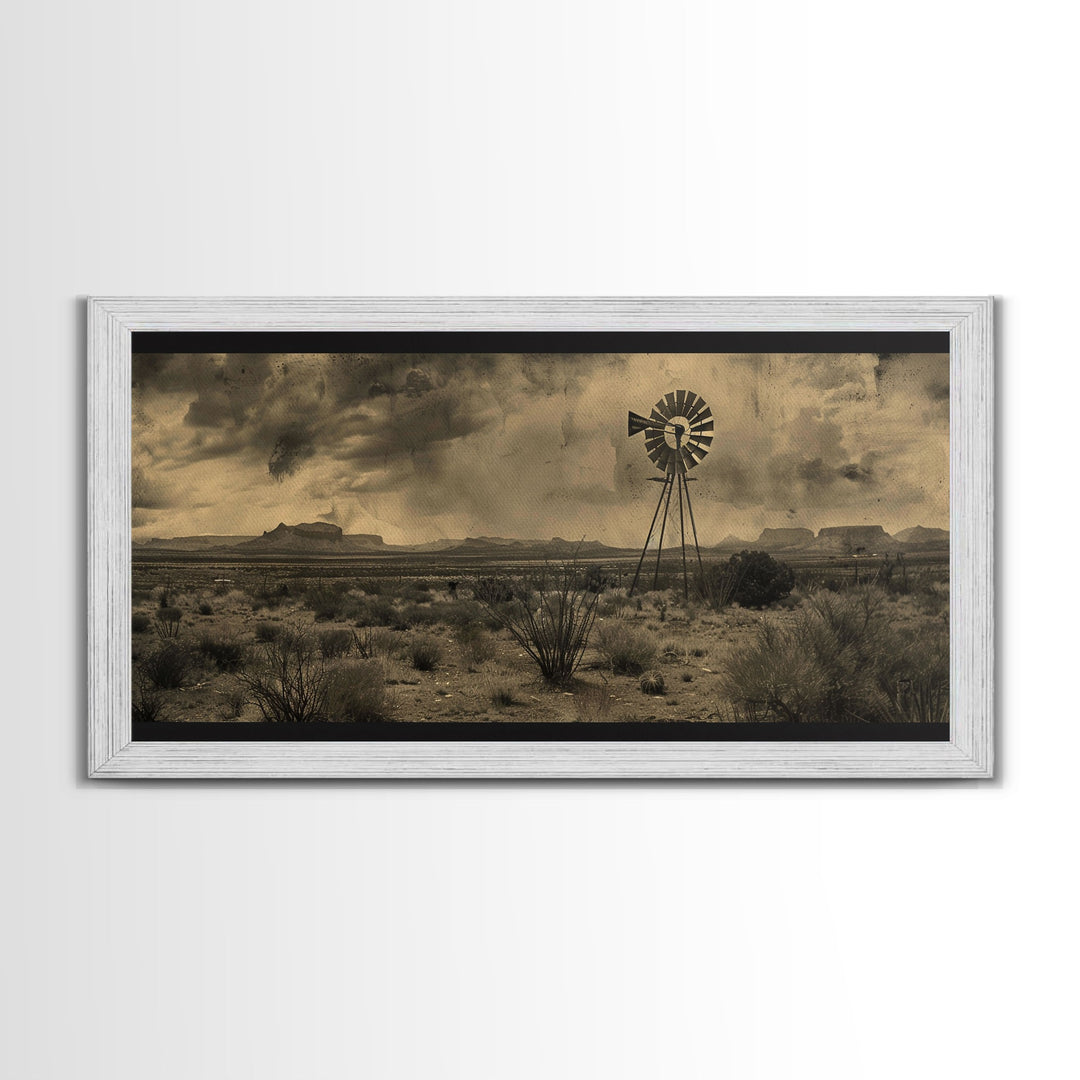 Rustic Windmill in Desert Landscape, Framed Canvas Print for Western Style Living Room, Perfect Bedroom Wall Art, Vintage Decor