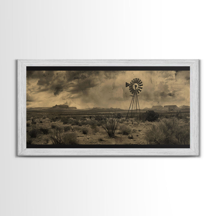 Rustic Windmill in Desert Landscape, Framed Canvas Print for Western Style Living Room, Perfect Bedroom Wall Art, Vintage Decor
