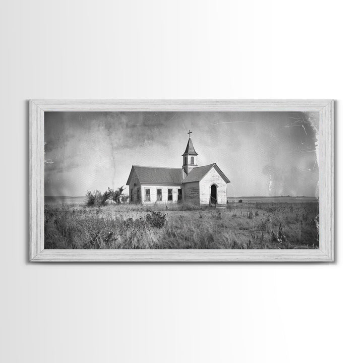 Vintage Country Church in Open Field, Framed Canvas Print for Living Room Decor, Perfect Bedroom Art, Rustic Western Wall Art