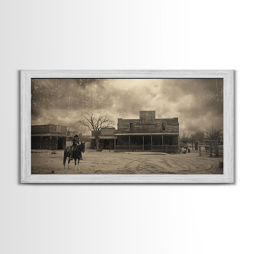 Cowboy Riding Through Old Western Town, Framed Canvas Print for Living Room Decor, Ideal Bedroom Wall Art, Vintage Western Scene