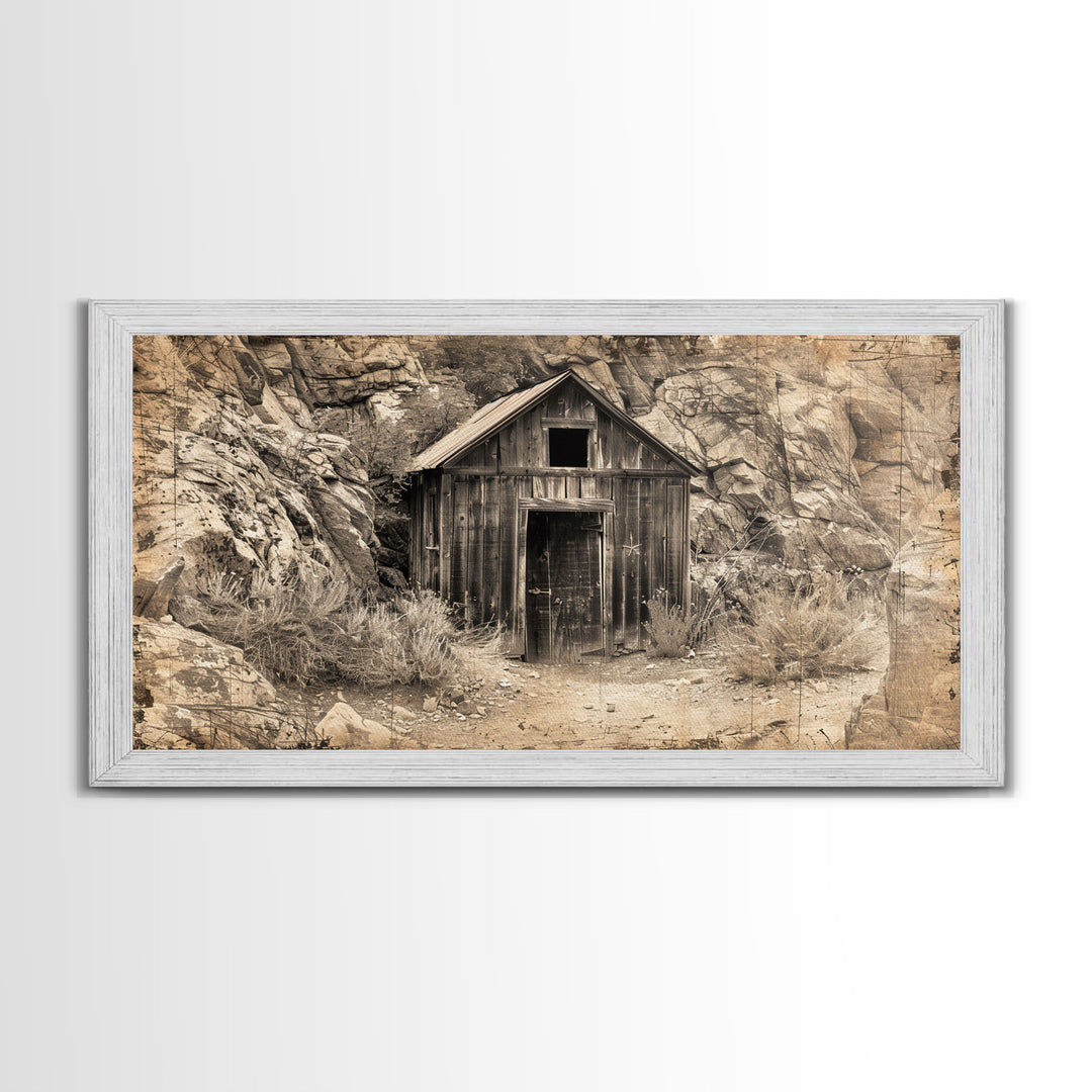 Old Wooden Shack in Rocky Terrain, Farmhouse Style Framed Canvas Print for Bedroom Art, Historical Home Decoration, Rustic Wall Art Piece