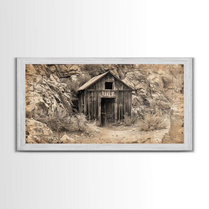 Old Wooden Shack in Rocky Terrain, Farmhouse Style Framed Canvas Print for Bedroom Art, Historical Home Decoration, Rustic Wall Art Piece