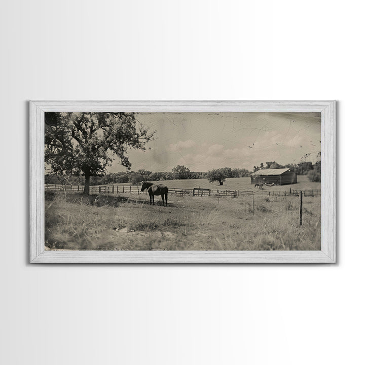Horse Grazing in Pasture by Farmhouse, Antique Style Framed Canvas Print Country Living Room Decor, Rustic Farmhouse Wall Art, Nature Scene