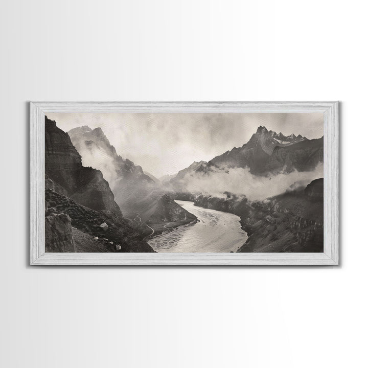 River Flowing through Mountain Valley, Black and White Framed Canvas Print for Farmhouse Bedroom Wall Art, Home Decoration, Scenic Nature