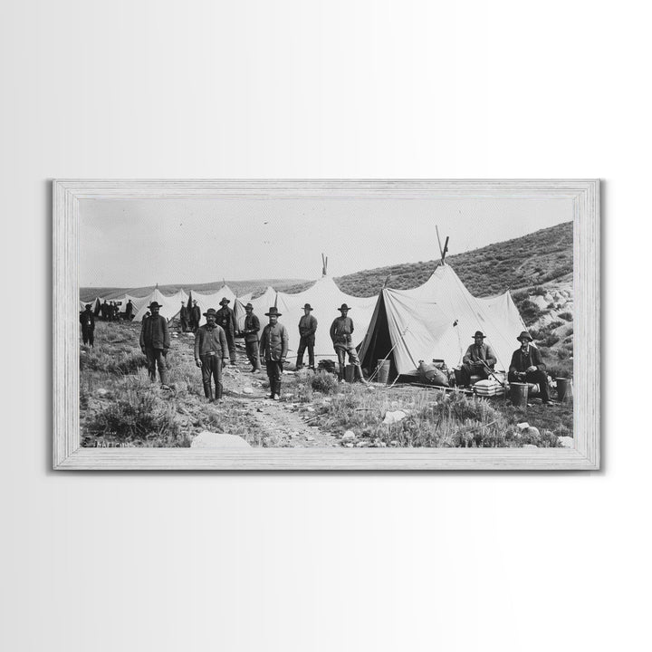 Military Camp with Tents and Soldiers, Farmhouse Style Framed Canvas Print for Historical Home Decor, Living Room Wall Art, Vintage Scene