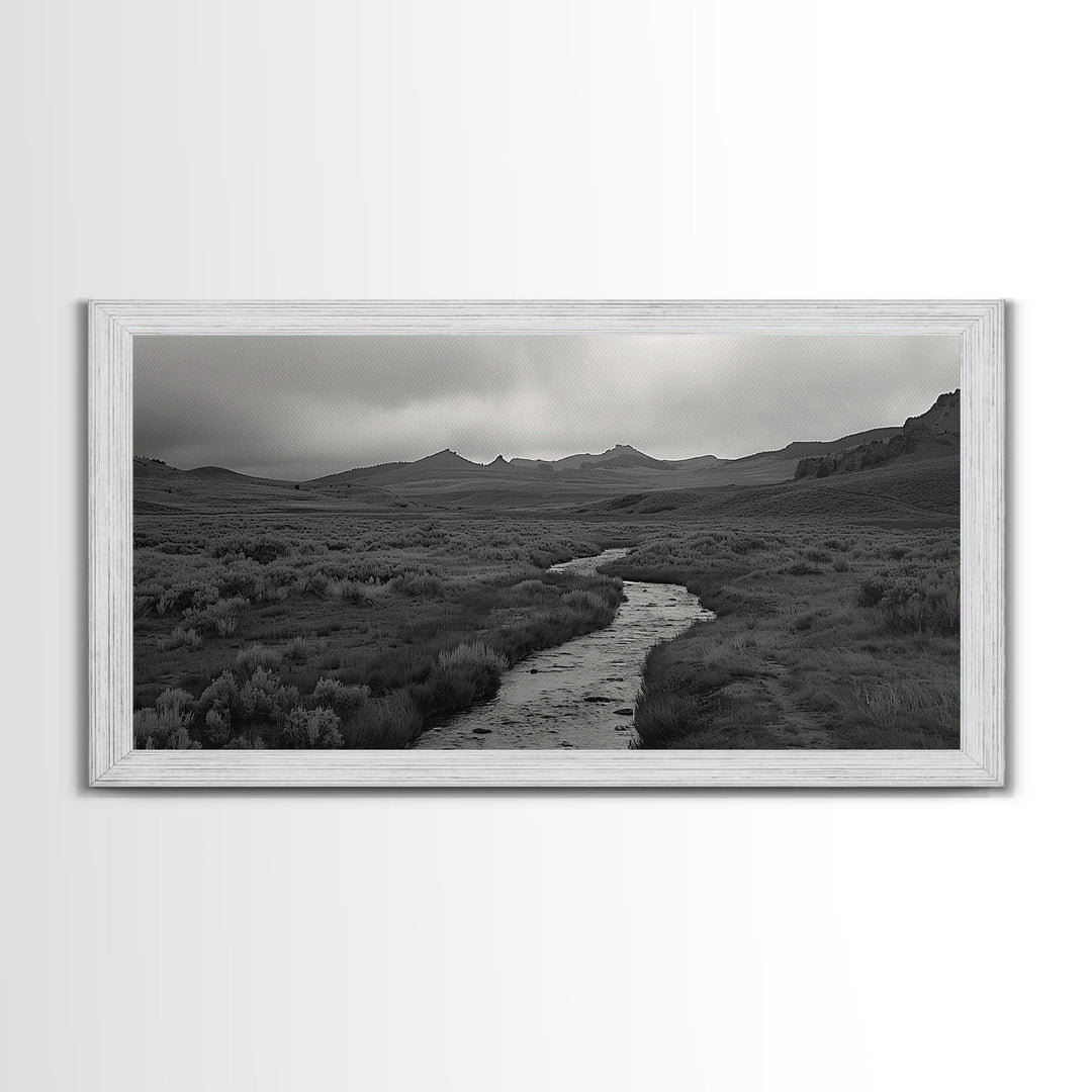 River and Rolling Hills Under Cloudy Sky, Black and White Framed Canvas Print Rustic Farmhouse Living Room Decor, Landscape Art, Home Decor