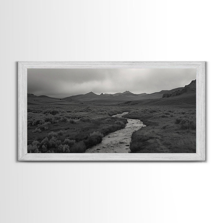 River and Rolling Hills Under Cloudy Sky, Black and White Framed Canvas Print Rustic Farmhouse Living Room Decor, Landscape Art, Home Decor
