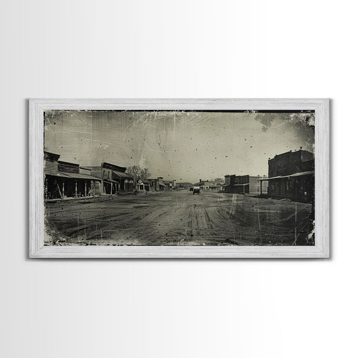Deserted Old West Town Street, Sepia Framed Canvas Print Farmhouse Living Room Wall Art, Vintage Home Decor, Rustic Art Piece