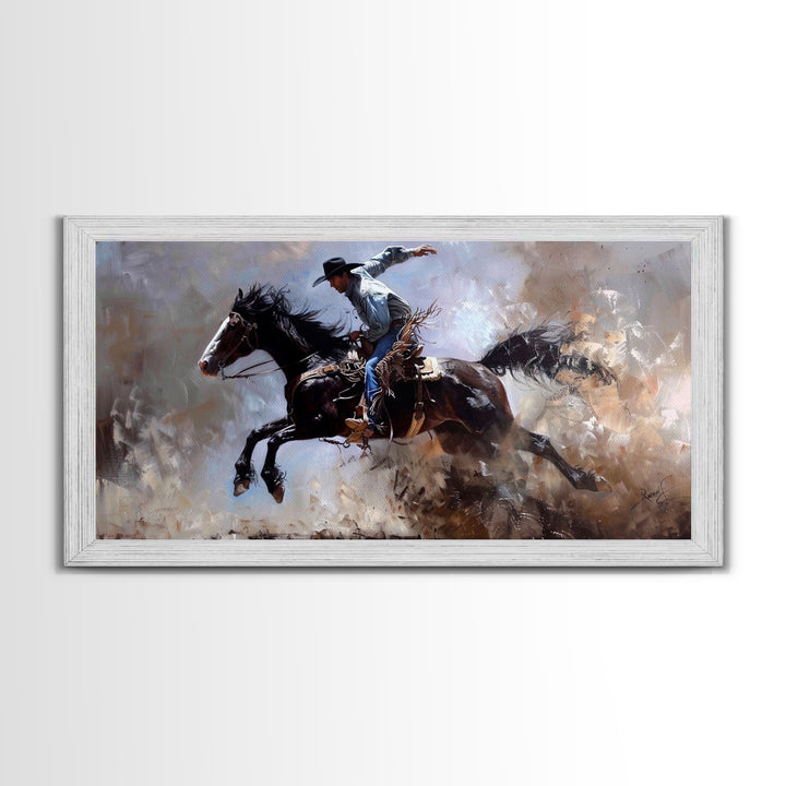Colorful Cowboy Riding Horse in Dust, Farmhouse Style Framed Canvas Print for Living Room Wall Art, Vibrant Home Decor, Western Action Art