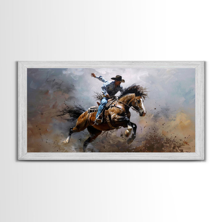 Colorful Rodeo Rider in Action on Framed Canvas Print, Perfect for Rustic Living Room Art, Western Bedroom Decor, Cowboy Wall Art
