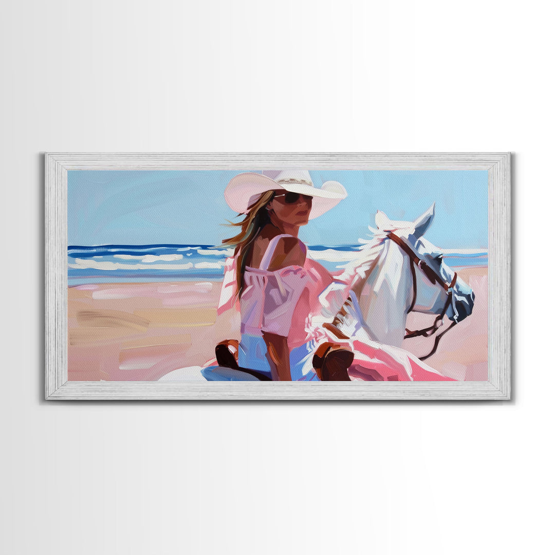 Elegant Cowgirl on Horse by the Shore, Beautiful Framed Canvas Print, Ideal for Coastal Living Room Art, Beach Bedroom Decor, Horse Wall Art